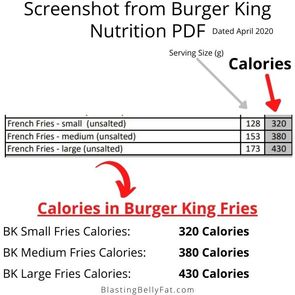 How many calories in Burger King small fries, medium fries and large fries.